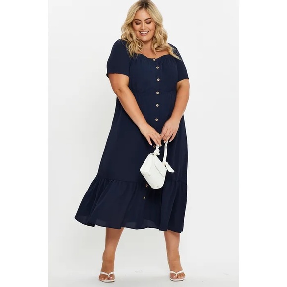 Navy Button Down Tiered Midi Dress - Picture 1 of 3